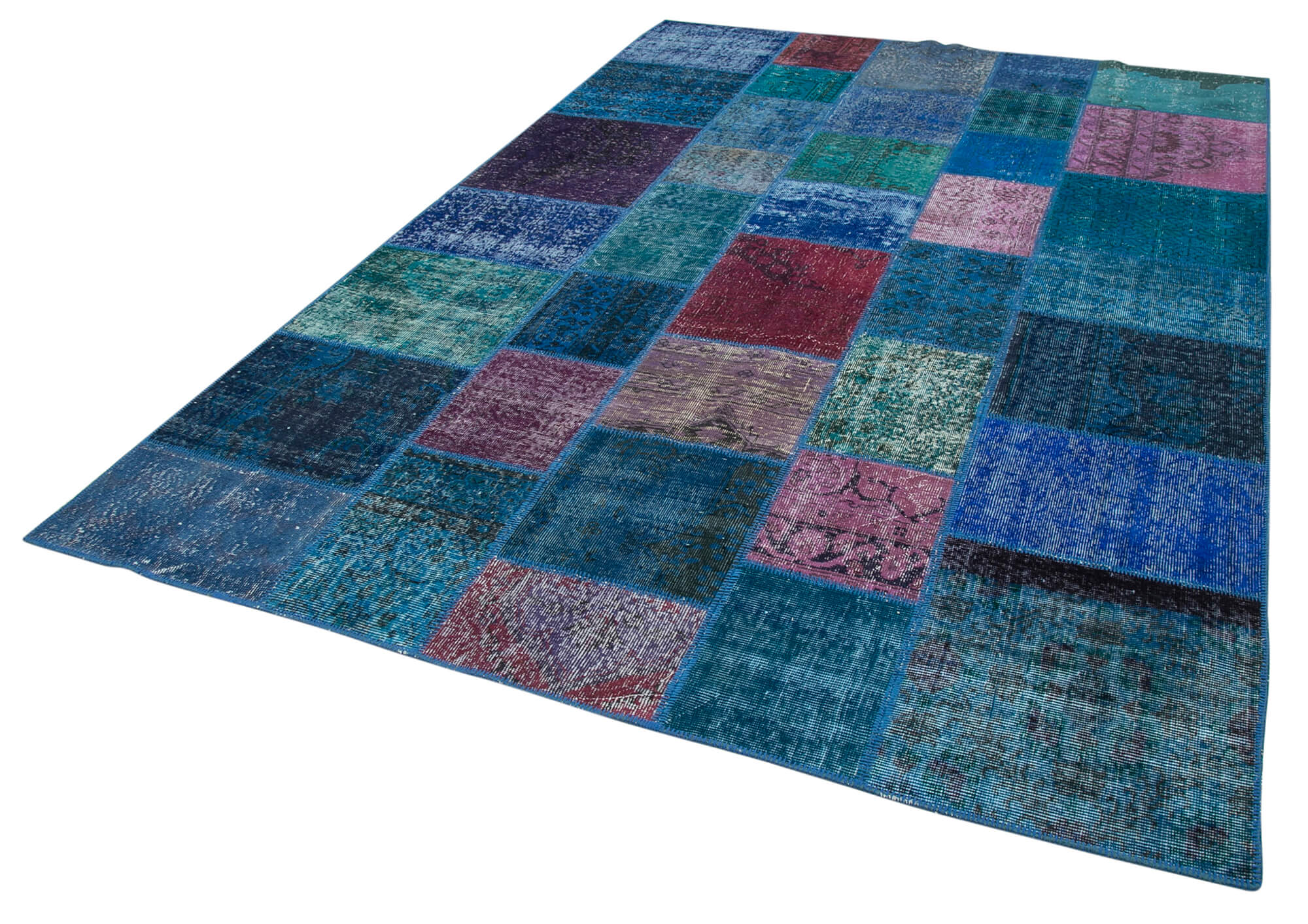 Handmade Anatolian Vintage 202 cm x 300 cm Blue Patchwork Carpet