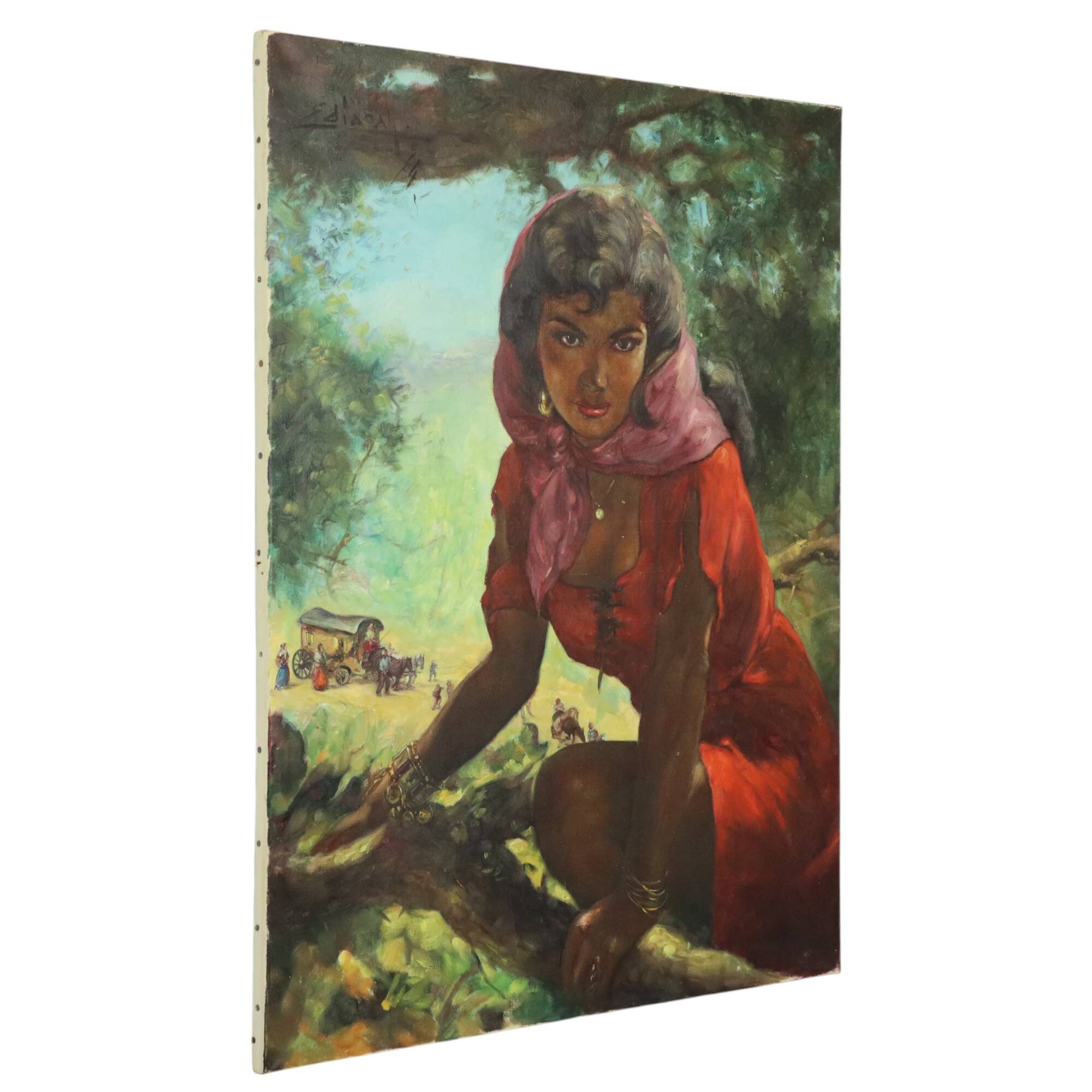 Large Painting Gypsy Young Woman Oil on Canvas 1964