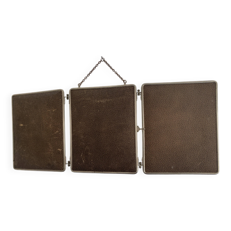 Vintage 1930s triptych barber mirror in brown shagreen - 30 x 77 cm