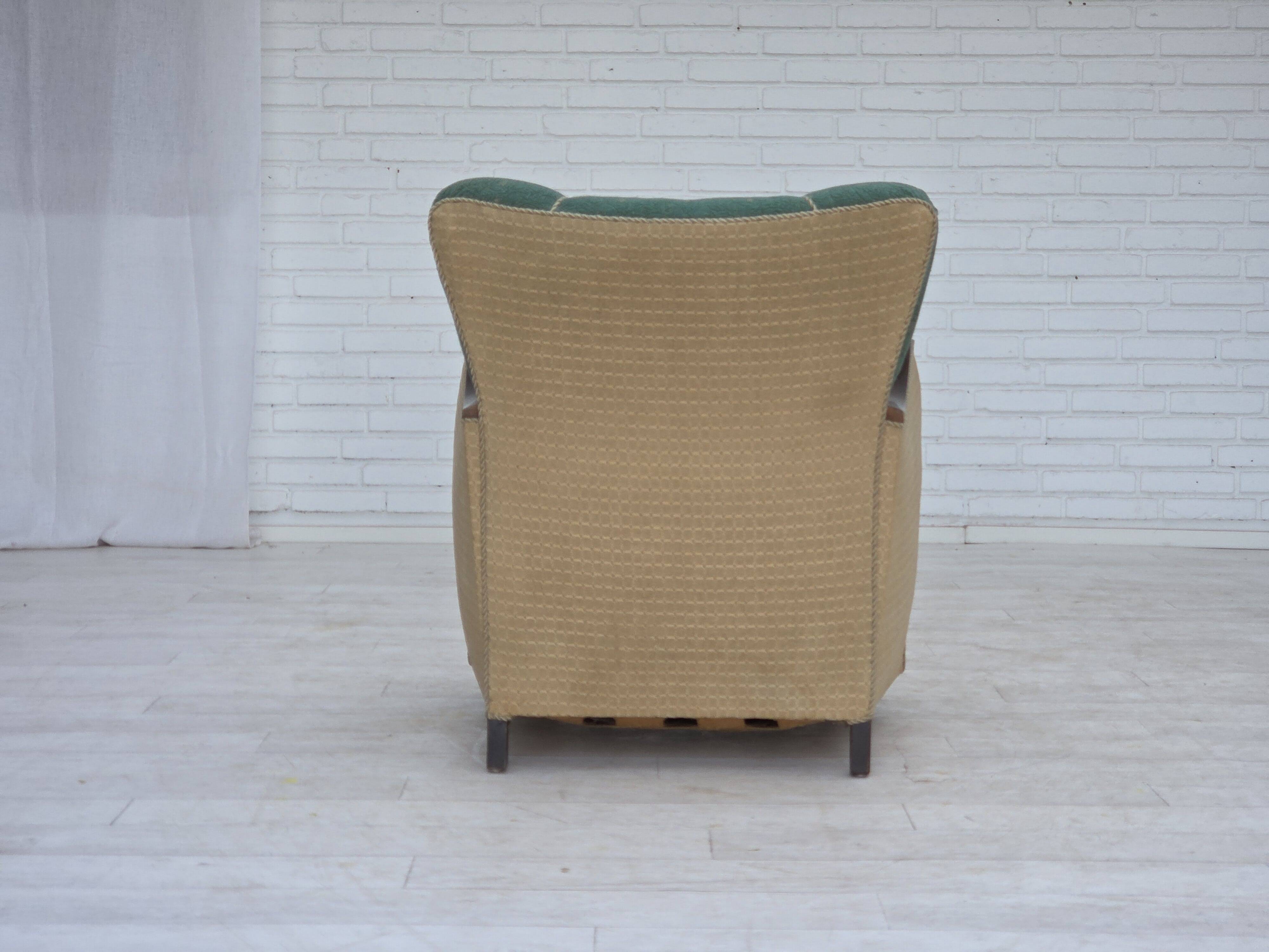 1960s, Danish armchair, green and beige furniture wool.