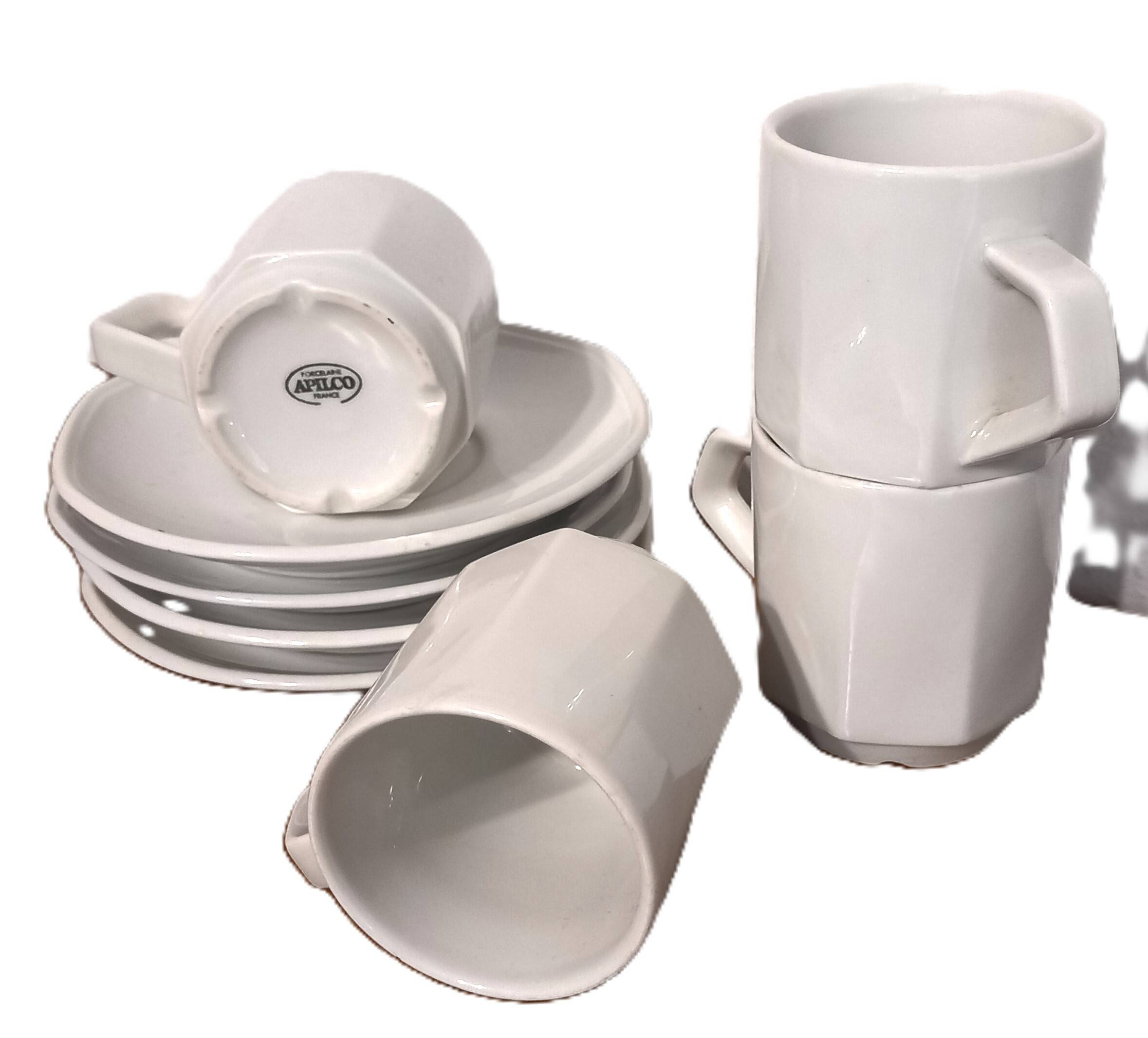 Set of 4 white porcelain cups from Apilco + saucers