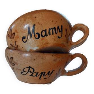 2 old stoneware bowls/cups “papy” and “mamy”