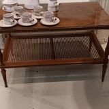 Mahogany coffee table / end table with rattan spacer shelf