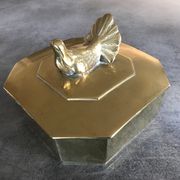 Boîte coffret vintage en laiton massif forme octogone décoration d’oiseau 14,8cm
