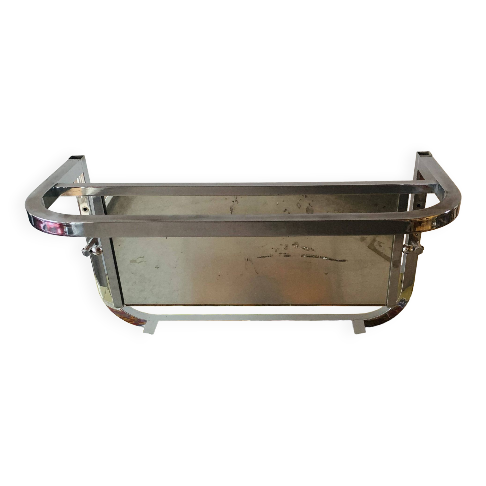 Vintage wall-mounted coat rack in chrome metal with integrated mirror and hat rack