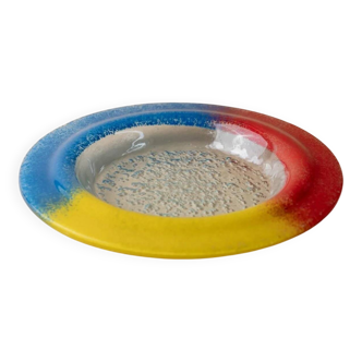 Vintage Murano Glass Bowl in Blue, Red, Yellow Rim – Clear Center with Bubbles, Italian 1980s Pop Art