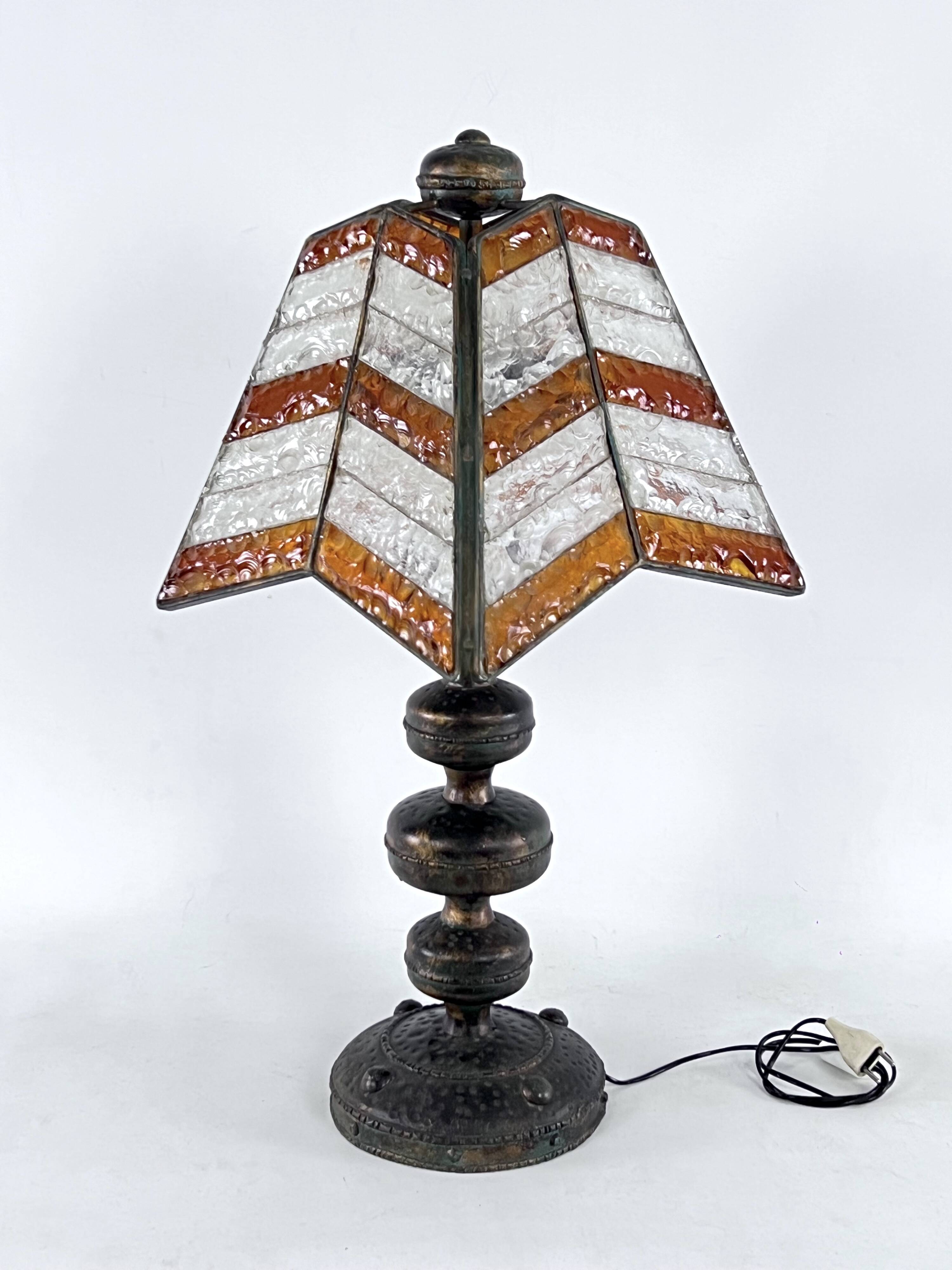 Monumental brutalist thick glass and metal table lamp by Longobard. Italy 1