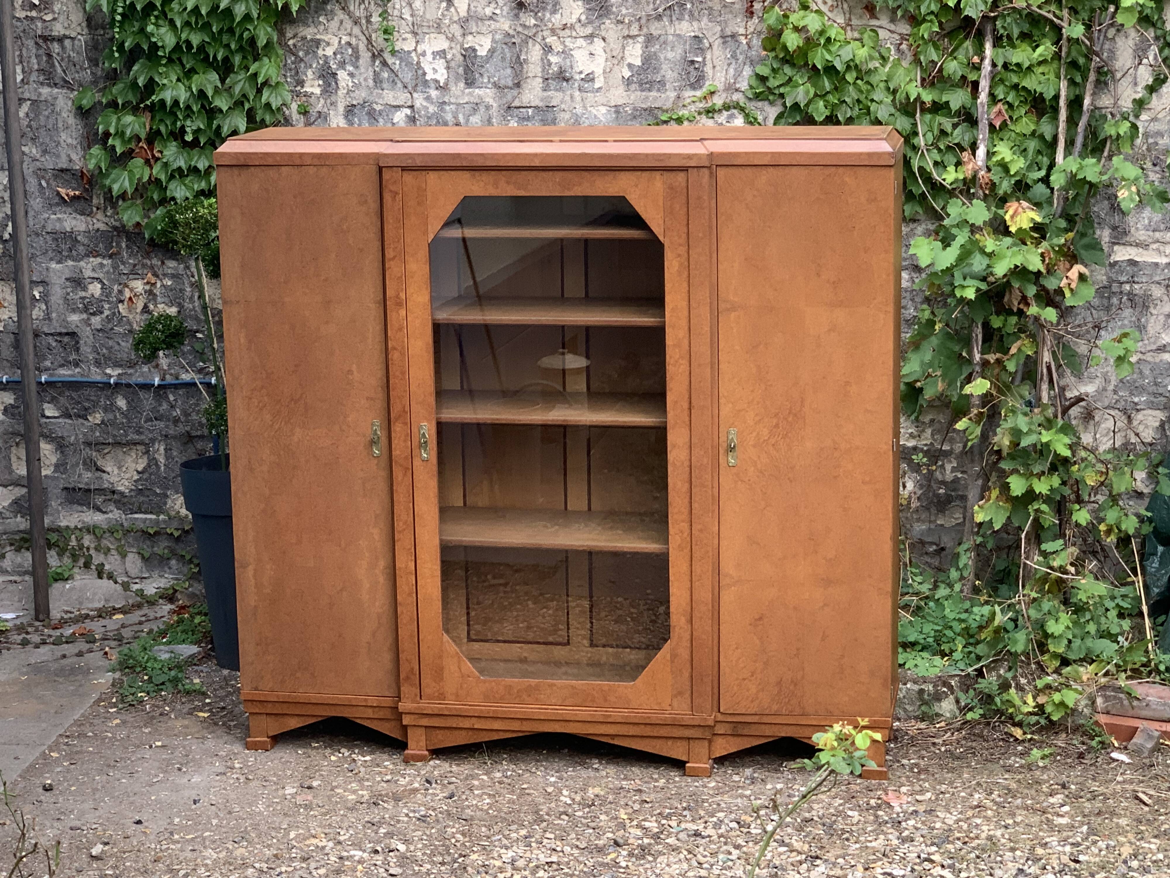 Art deco glass china cabinet in burr walnut 1930