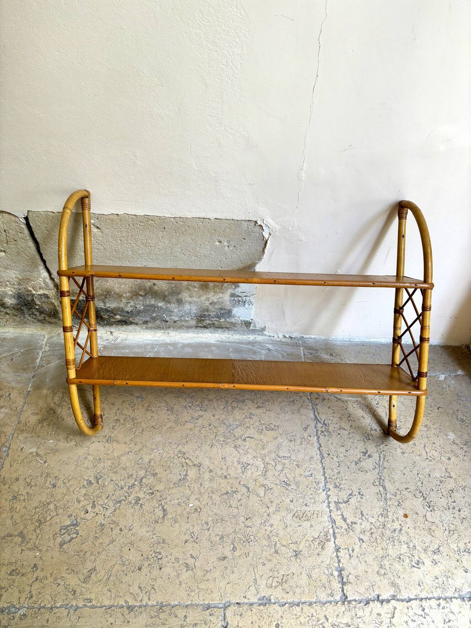 Wall shelf in wood and rattan, 1960s