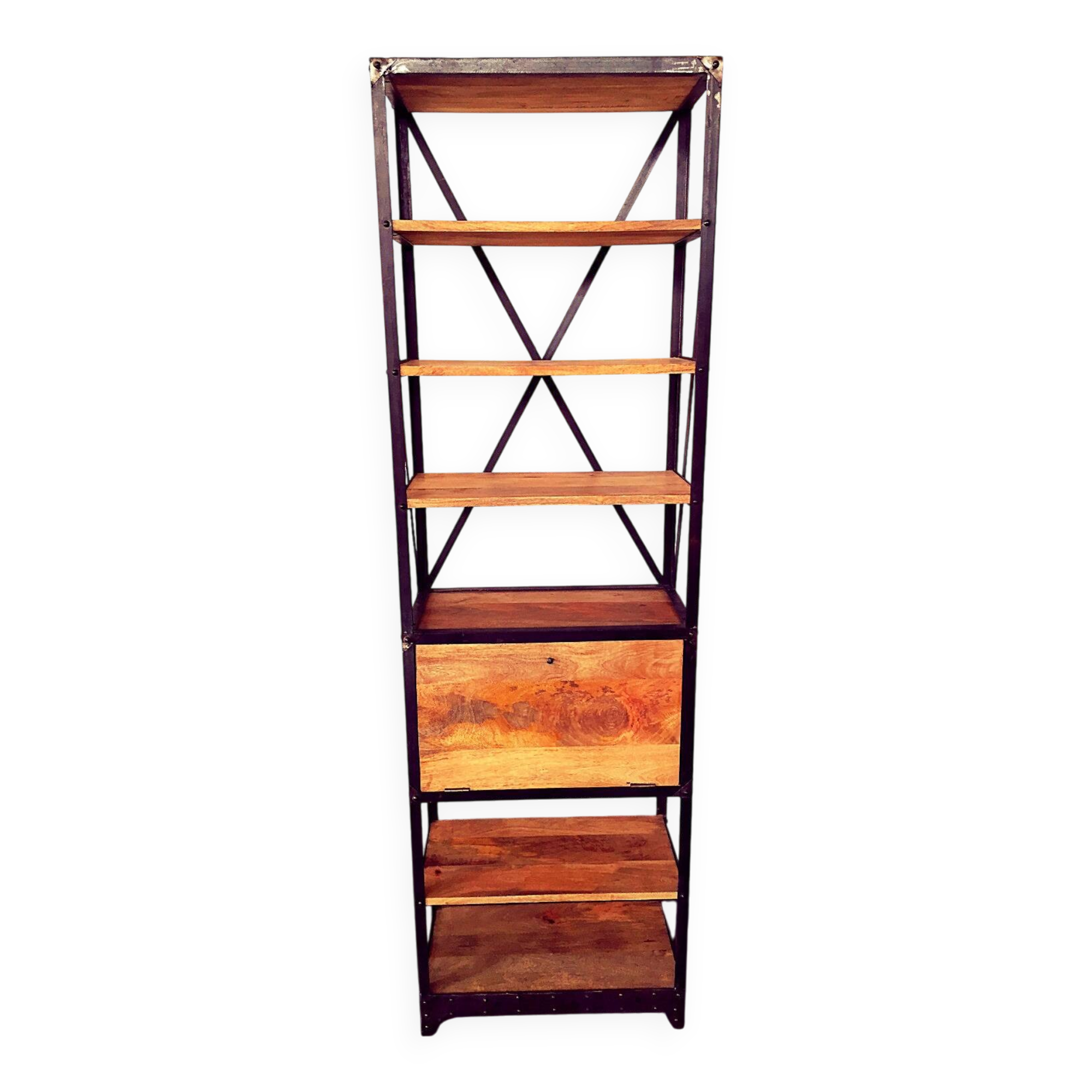 Industrial shelf made of solid exotic mango wood with riveted metal.