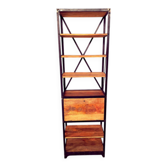 Industrial shelf made of solid exotic mango wood with riveted metal.