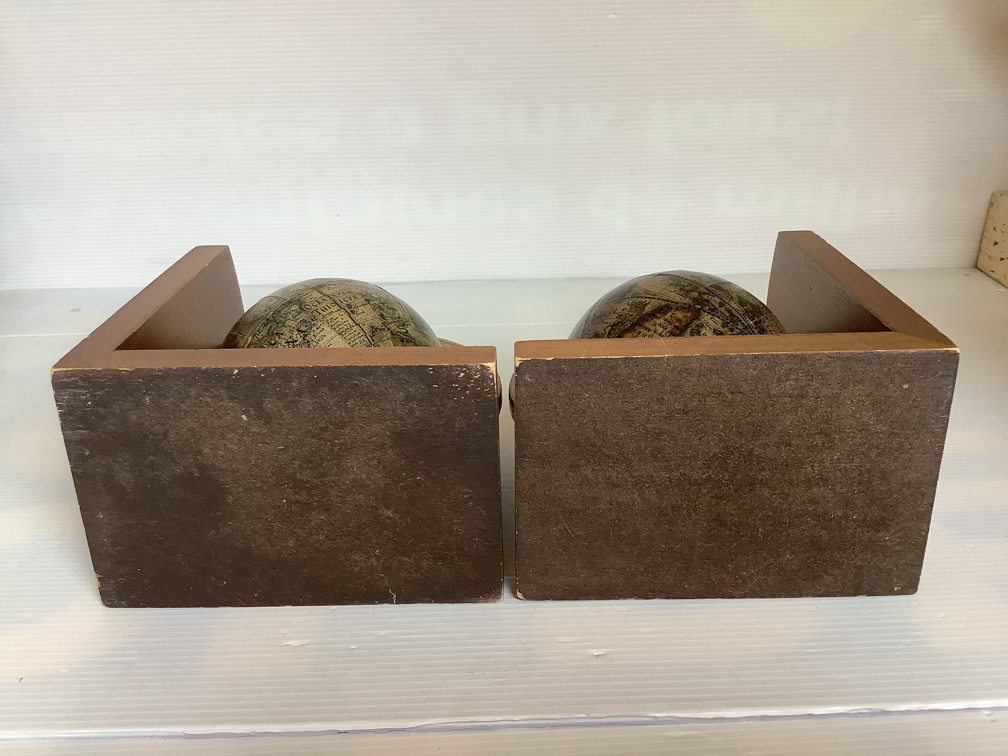 Pair of wooden world map bookends