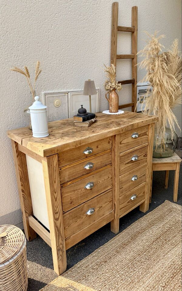 Ancien établi en bois 8 tiroirs