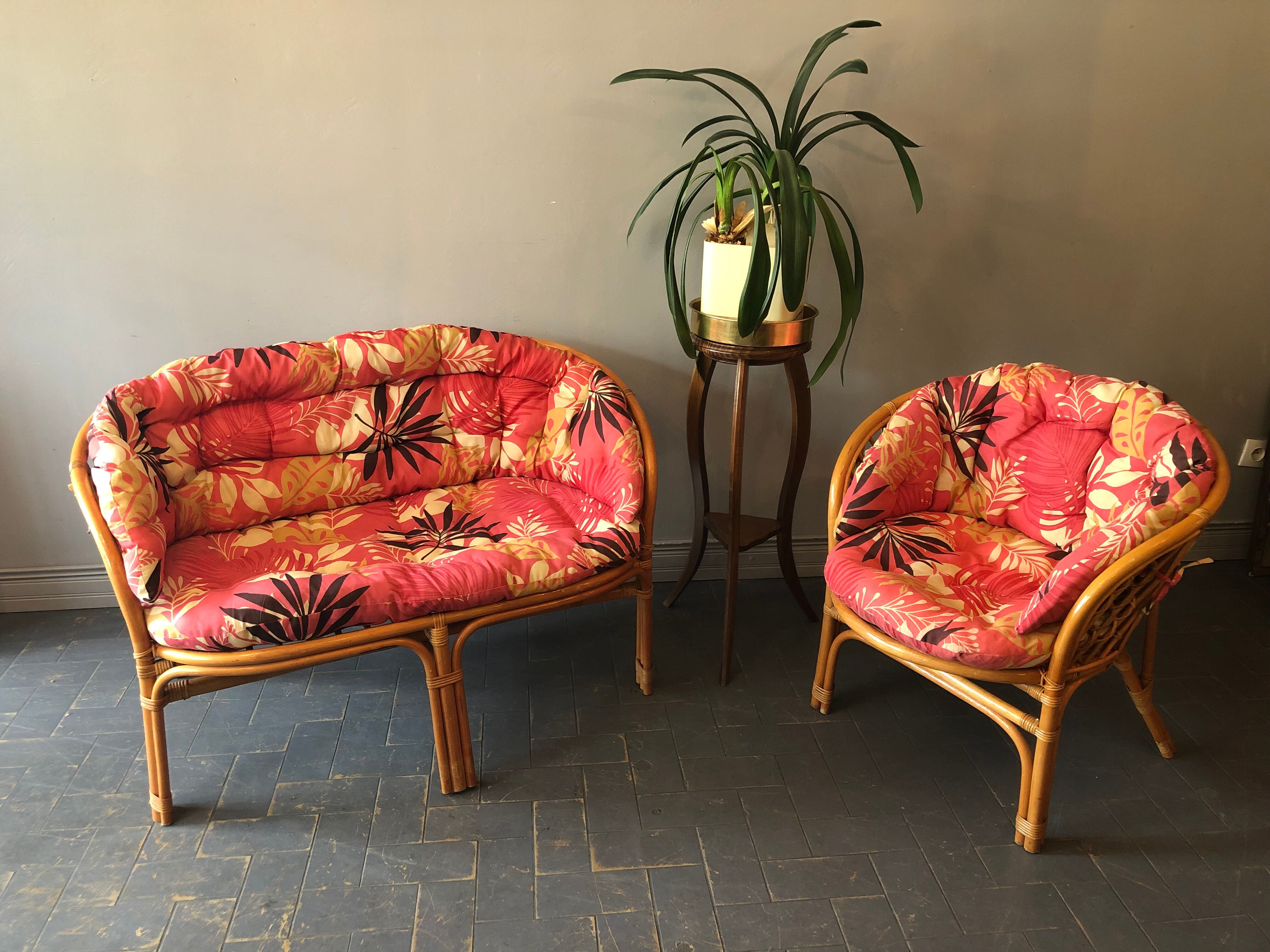 Bamboo and rattan bench and armchair