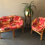 Bamboo and rattan bench and armchair