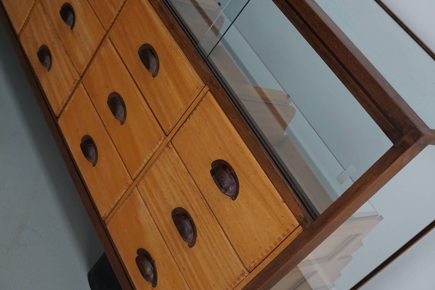 Antique British maple & hardwood haberdashery cabinet or shop counter, 1930s