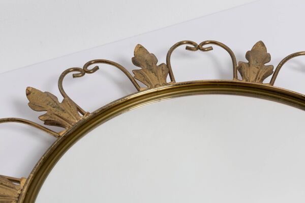 Miroir soleil doré milieu de siècle, métal et bois, Belgique, 1960
