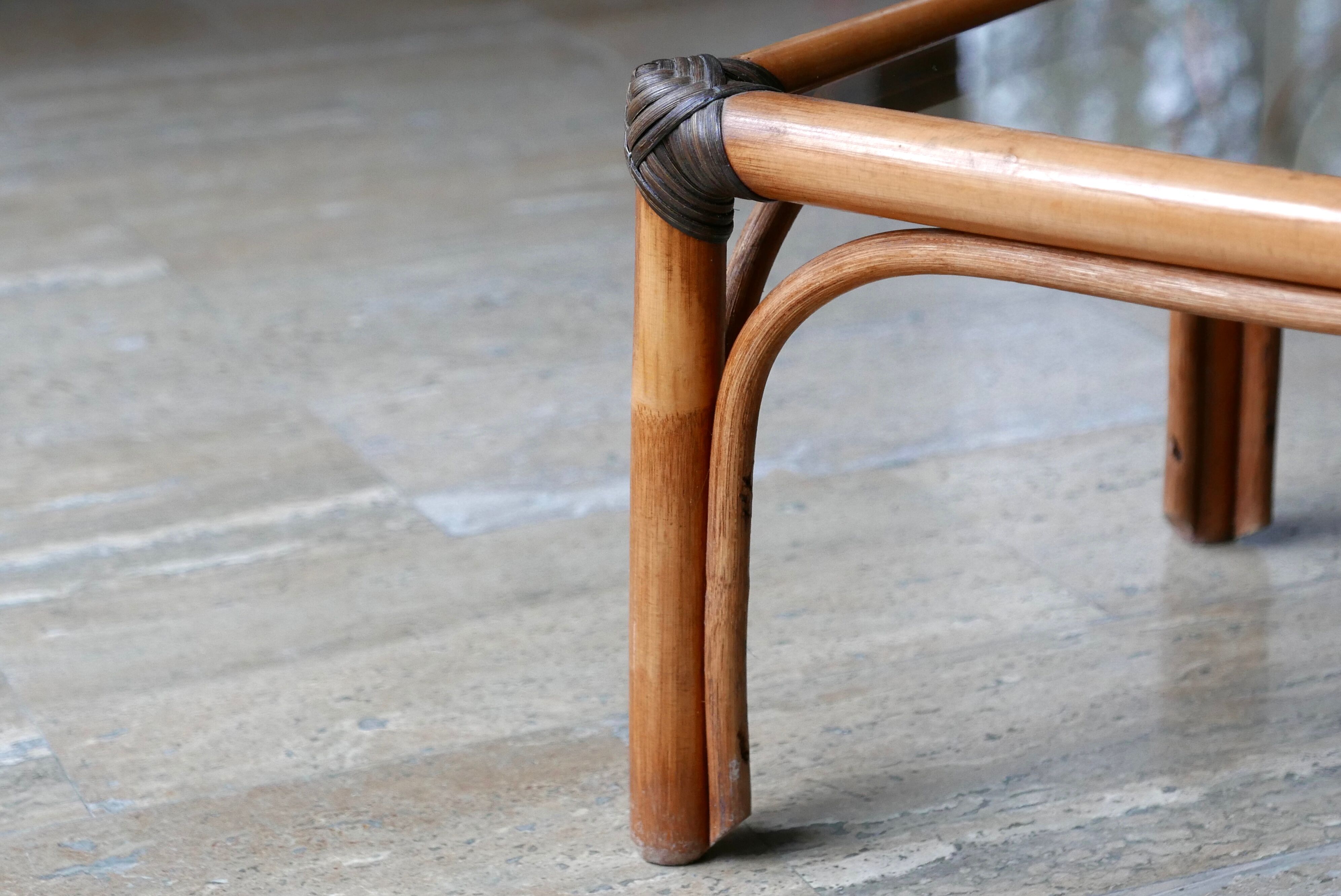 Side table in bamboo and smoked glass, 60s