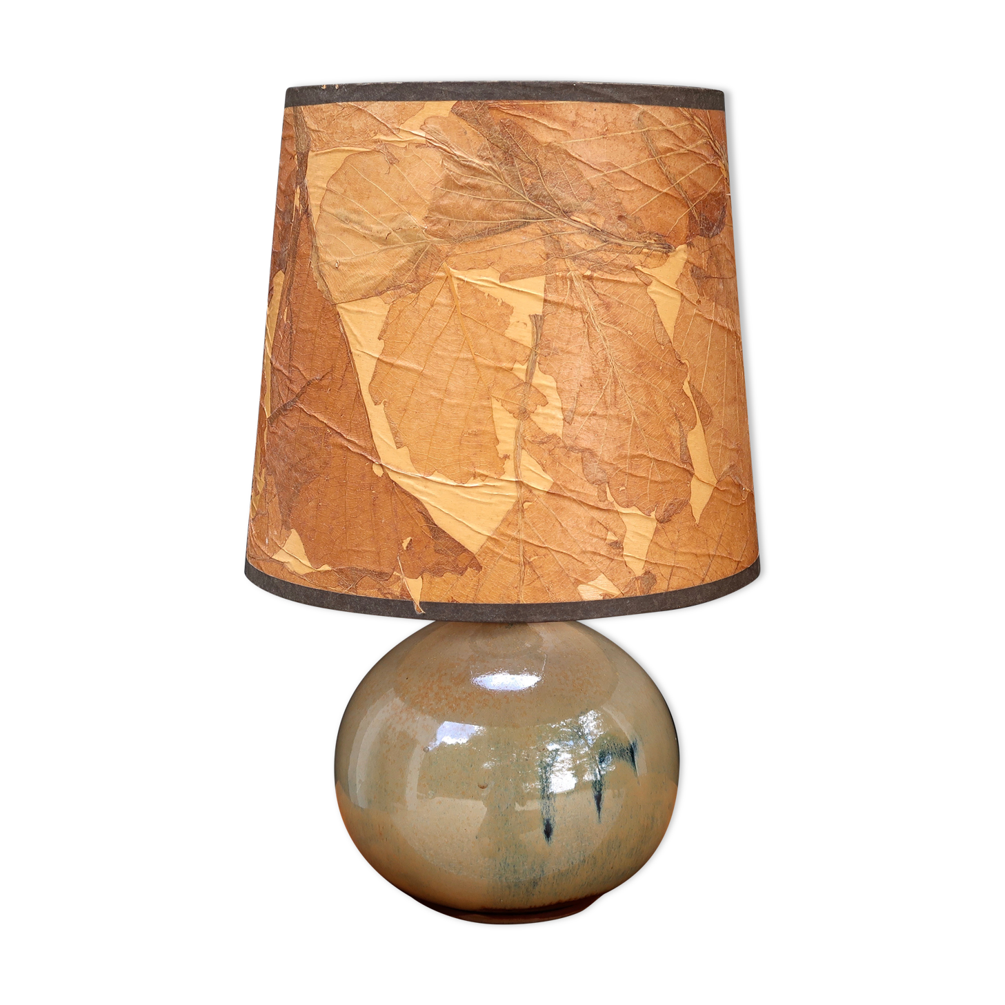 Beige ceramic lamp, herbarium-style lampshade, 70s