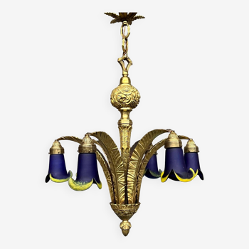 Solid bronze Art Deco style chandelier with iconic handmade lampshades.