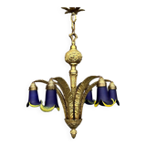 Solid bronze Art Deco style chandelier with iconic handmade lampshades.
