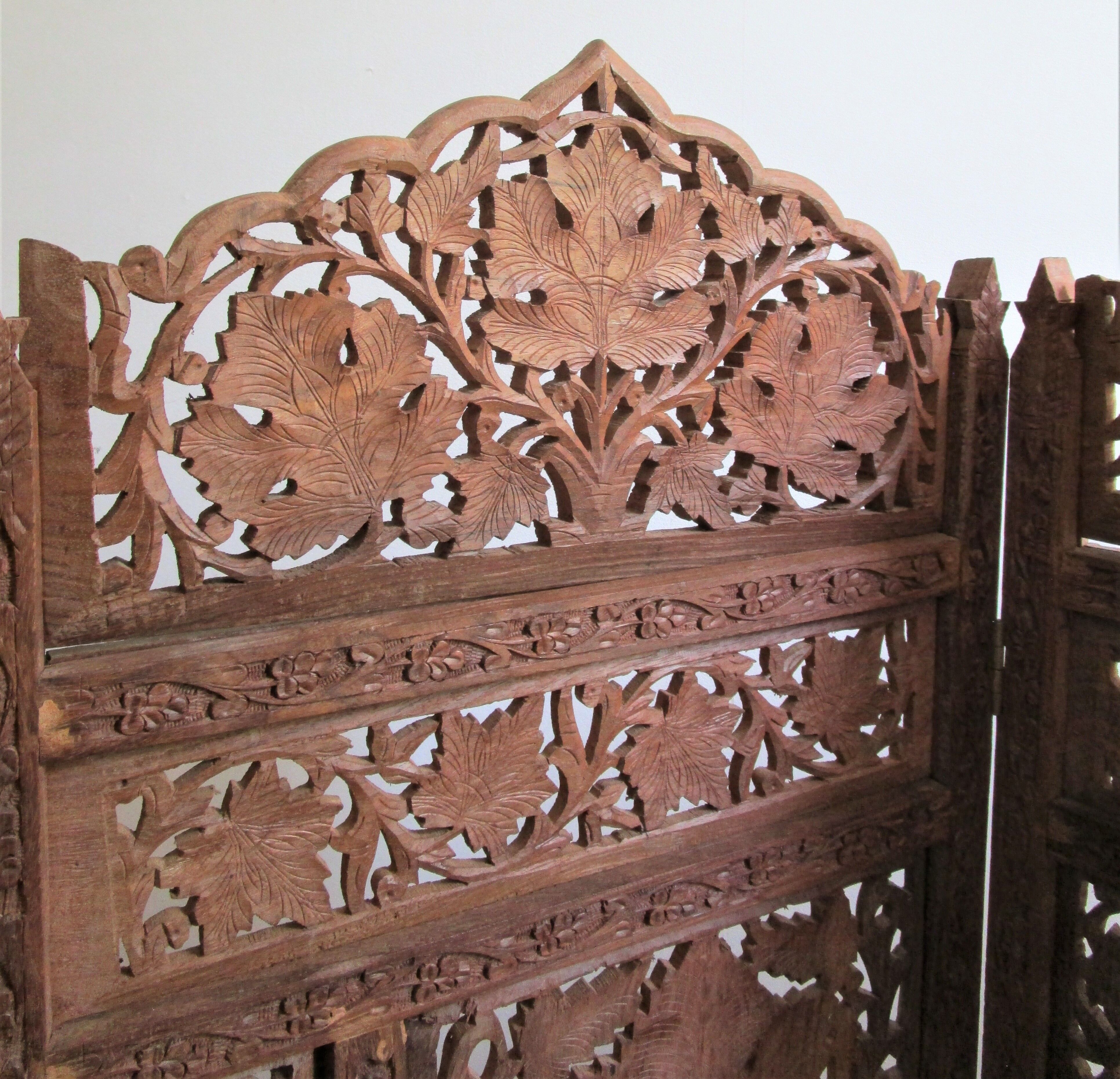 Solid wood screen carved four vintage panels height 98 cm