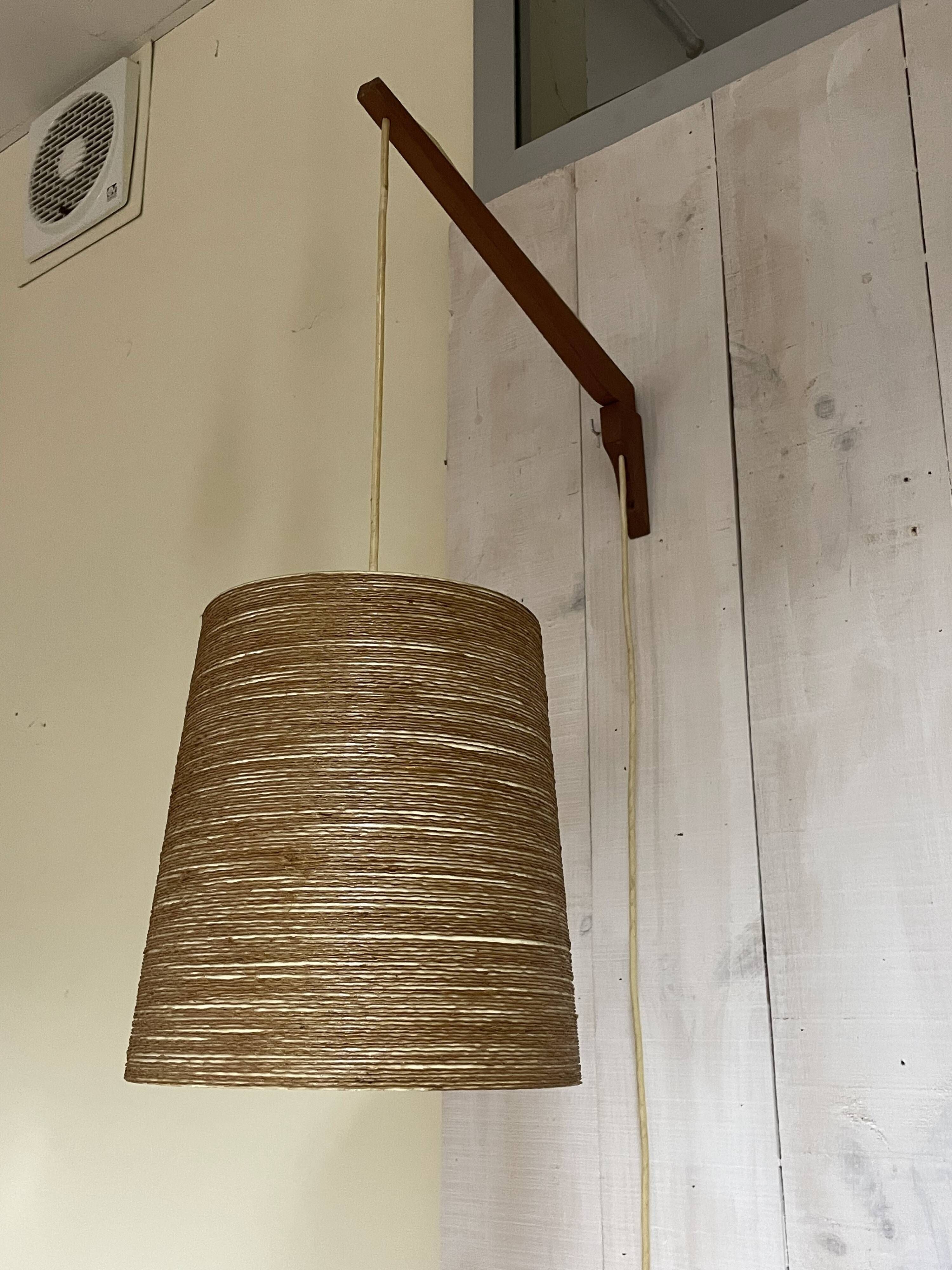 Rare teak and sisal wall lamp from the 1960s, attributed to Lotte Bostlund.