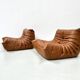 Togo lounge chairs in cognac cow leather attributed to Michel Ducaroy for Ligne Roset, set of 2