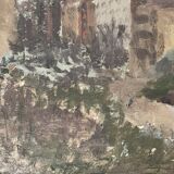 Peinture à l'huile vintage impressionniste représentant un paysage urbain signée par l'artiste 1947