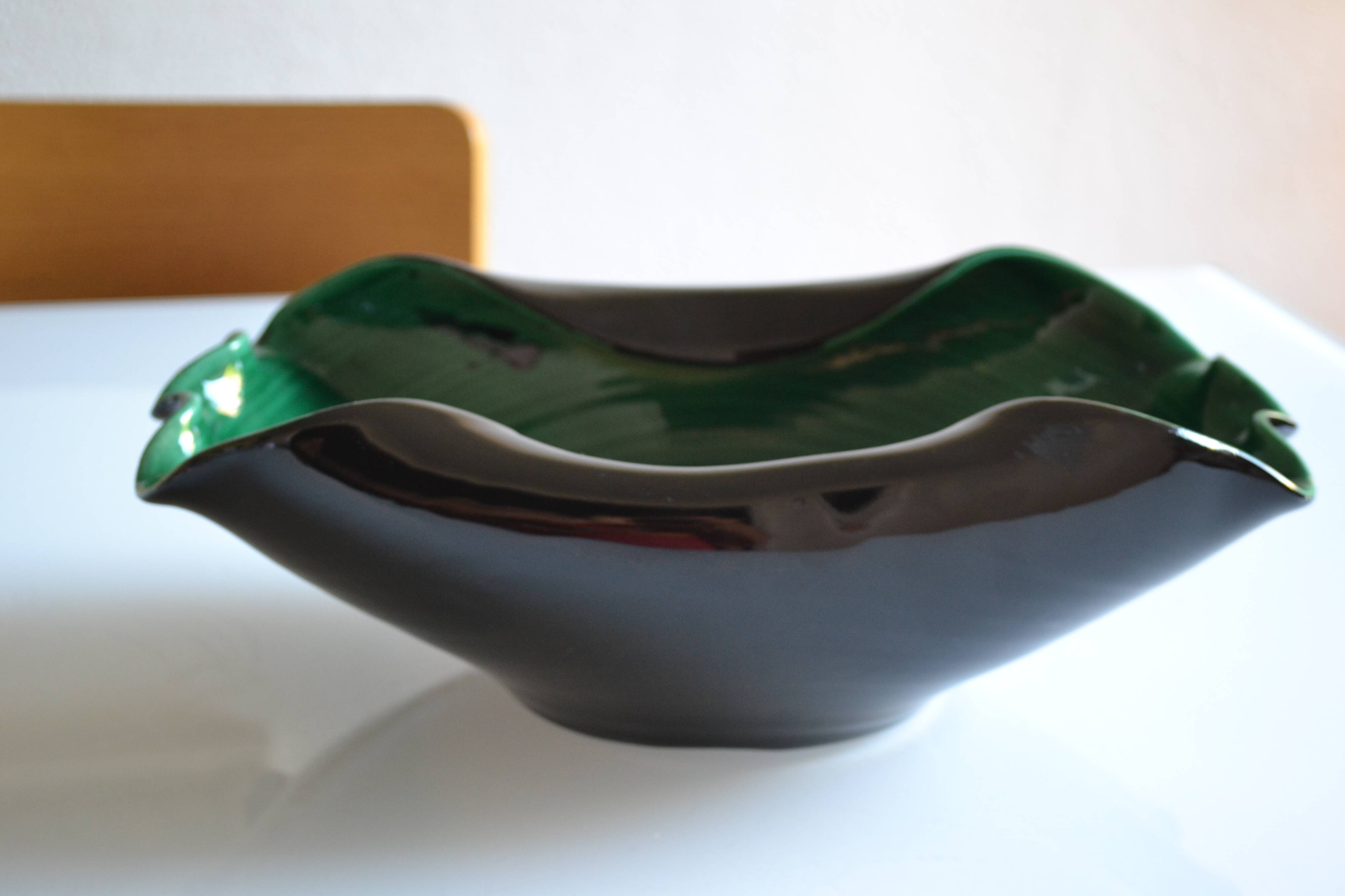 Grande coupe à fruits en céramique vert et noir années 60 60's 1960