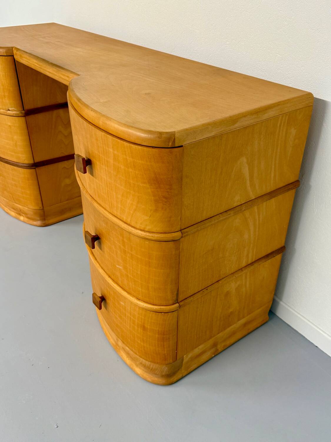 Old beech desk in art deco style with drawer, vintage 60s