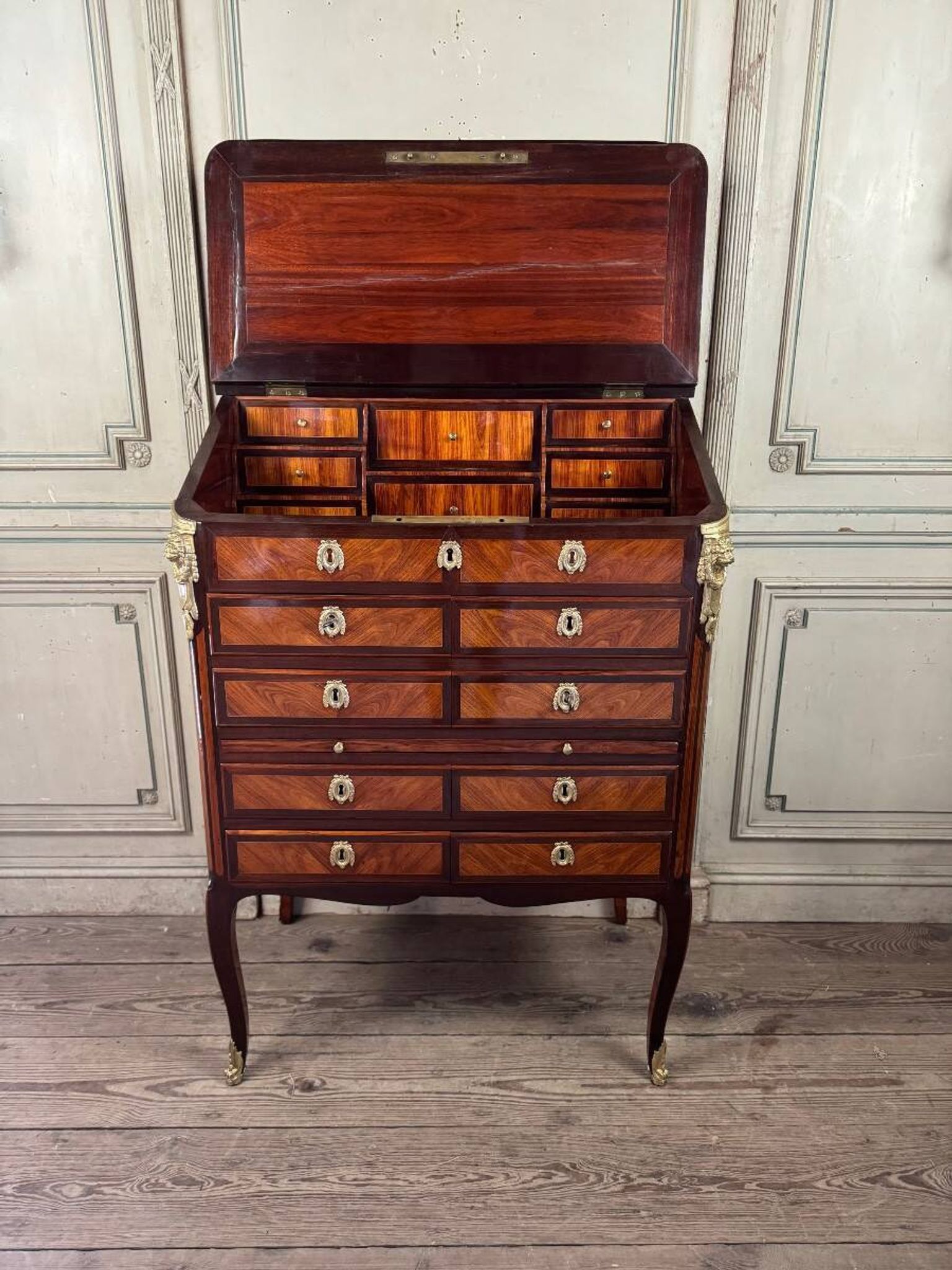 Louis XV Notary Secretary Cabinet in Veneer, Stamped by Nicolas Pet