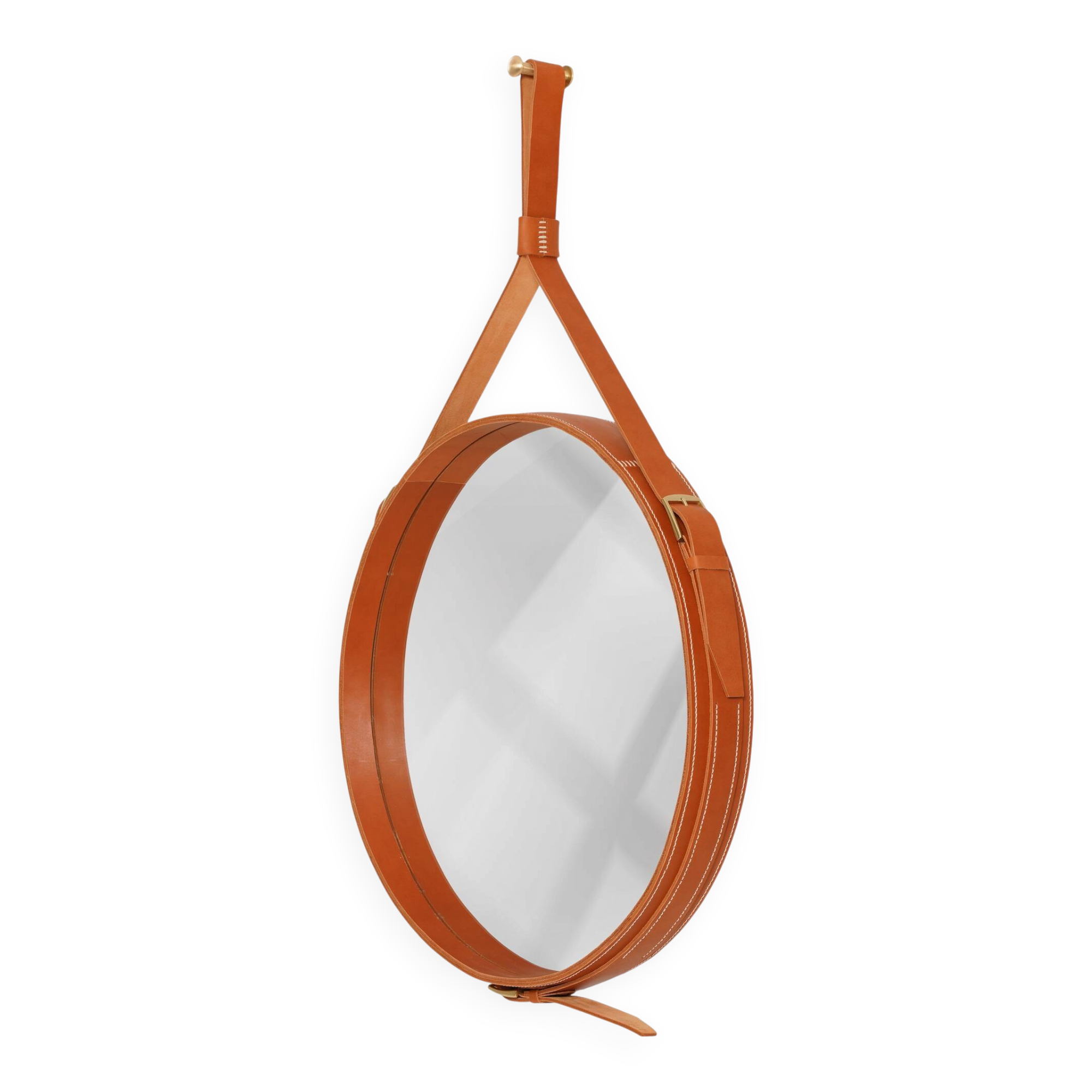 Handmade J. Adnet style mirror in tan color veg-tanned leather, ø58  cm