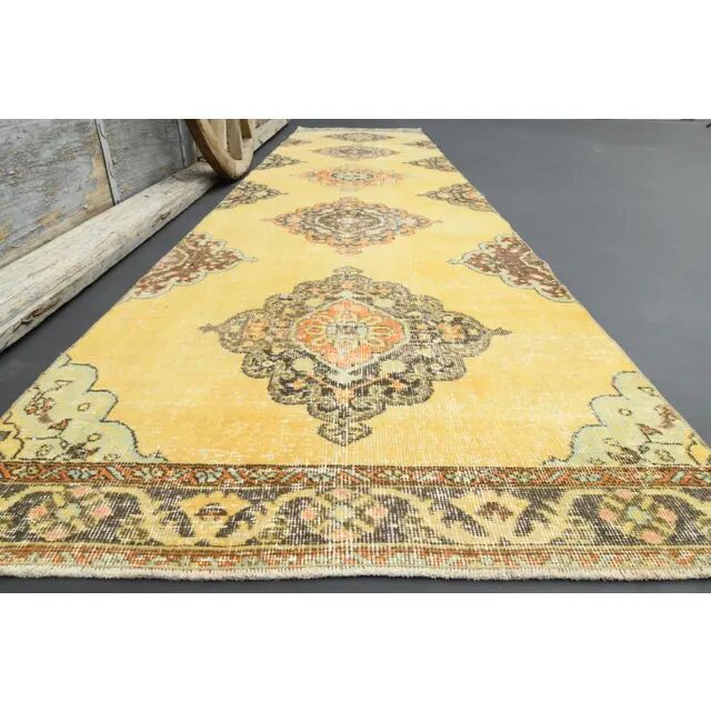 1970s Turkish Oushak Handmade Wool Cotton Yellow Runner 96x385