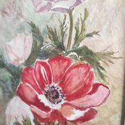Aquarelle française de fleurs, coquelicots, signée DR