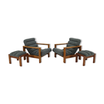 1960s pair of armchairs with stools in oak, Finland