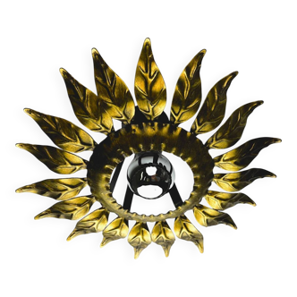 Sunburst ceiling light fixture or sconce in gilt wrought iron, Spain, circa 1960s