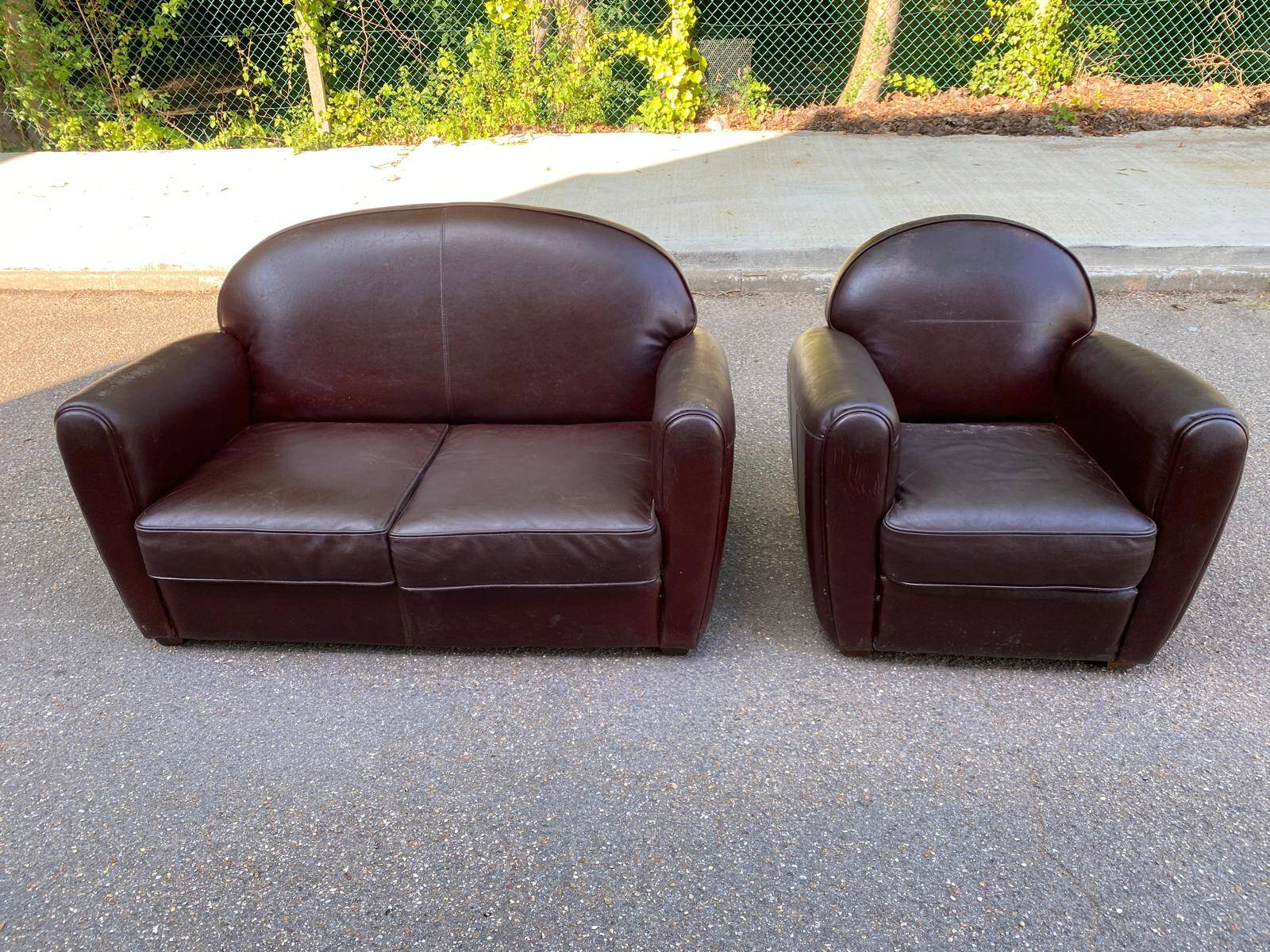 Burgundy brown leather living room sofa and club chair