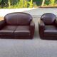 Burgundy brown leather living room sofa and club chair