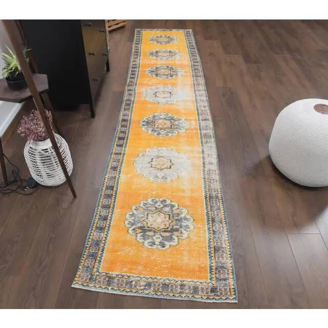 Vintage Turkish Oushak handmade wool cotton orange runner rug 74x350