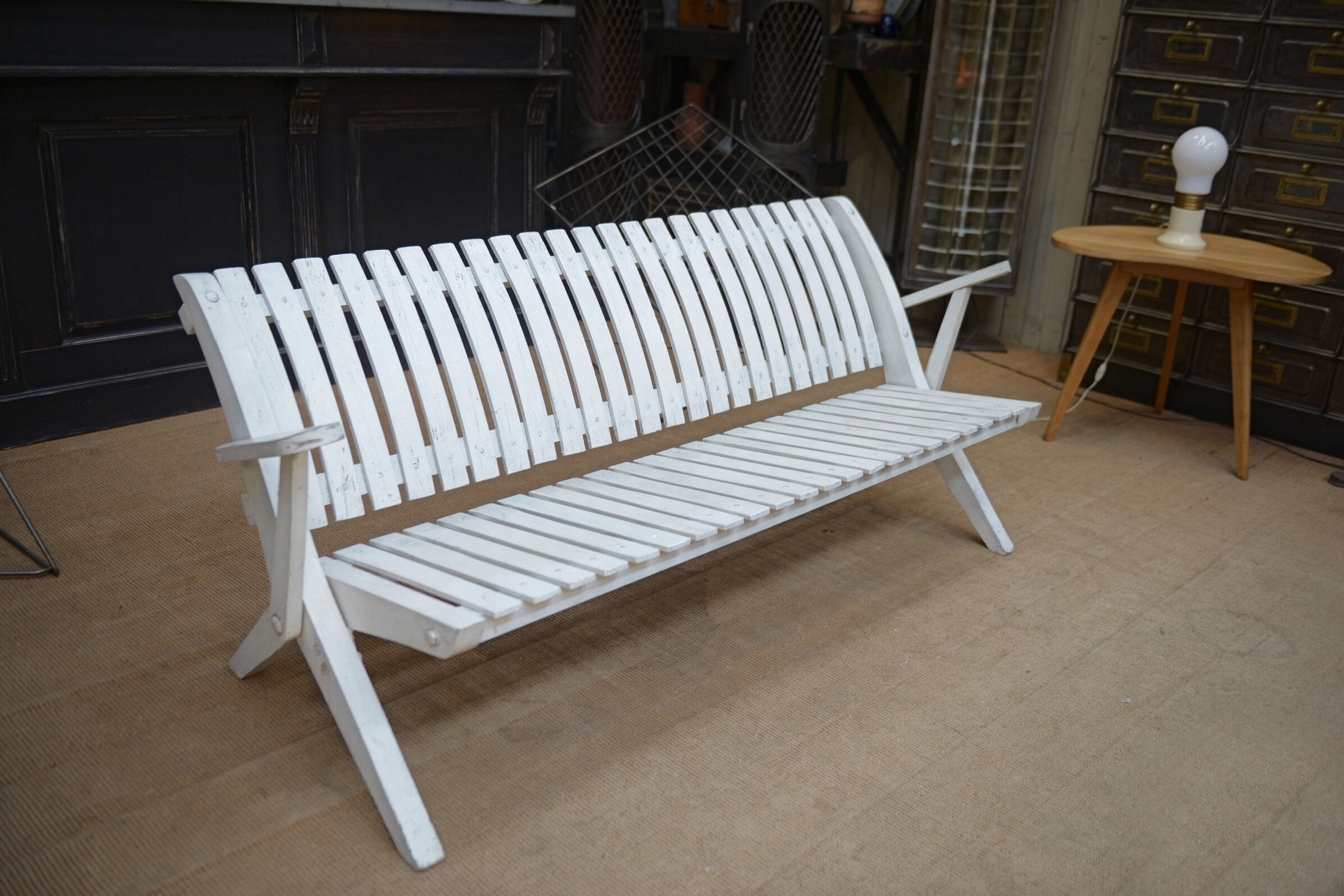 Folding garden bench in white lacquered beech of vintage origin 1950