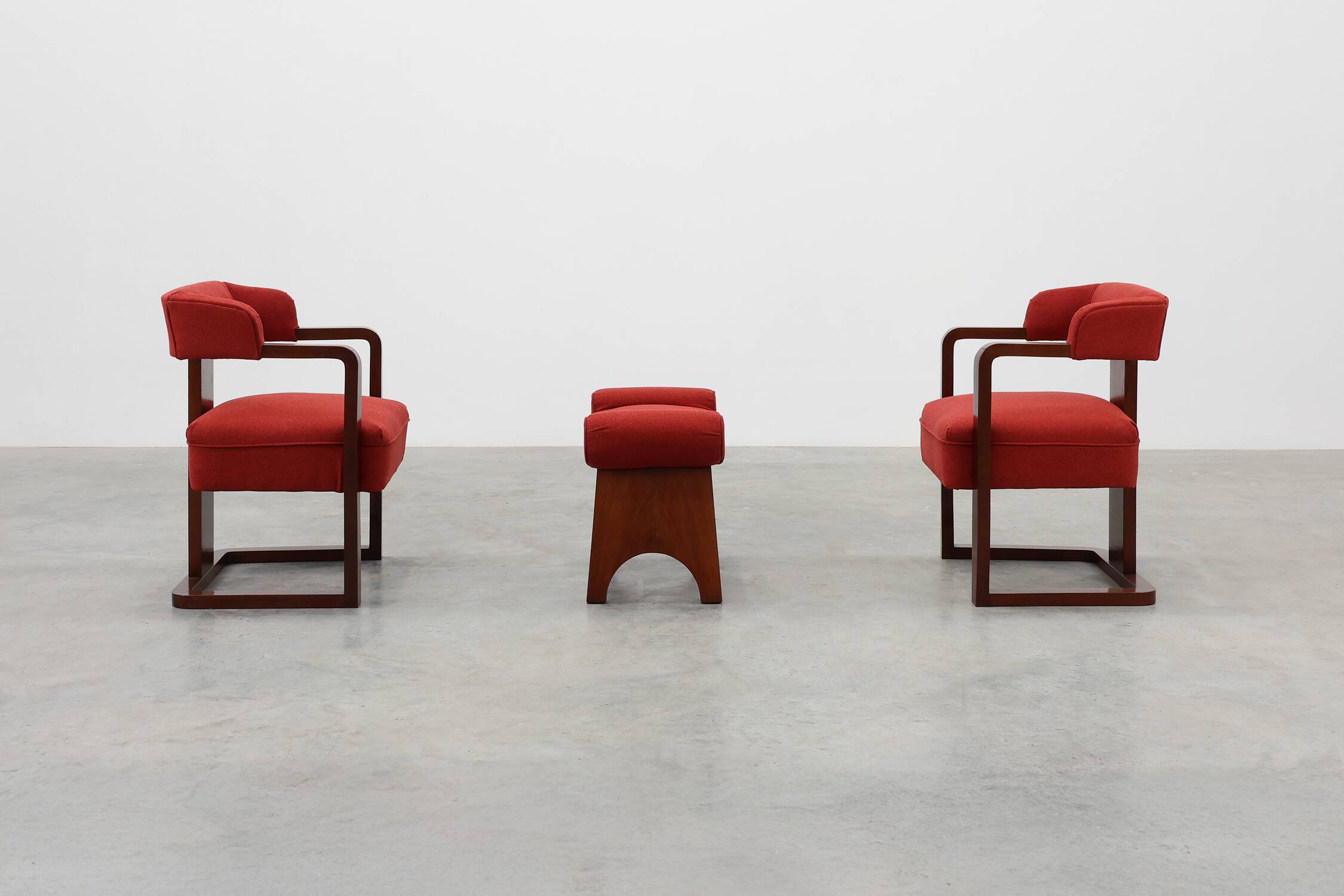 Ensemble of Two Art Deco Chairs with Matching Stool, Belgium ca. 1920