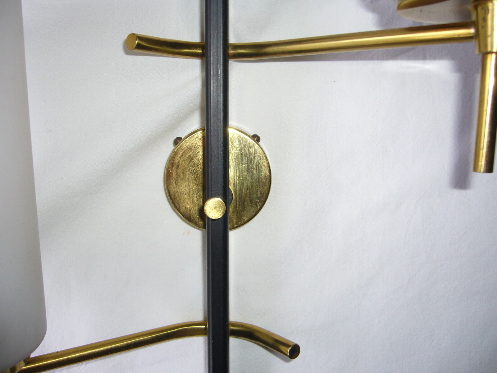 Black and gold metal sconces, Arlus house opalin lenses from the 1950s