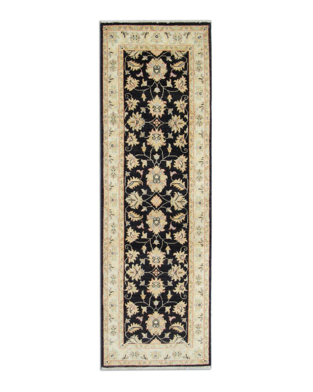 Black Wool Runner Rug, Handmade Floral Ziegler Hallway Runner 211 x 66 cm