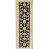 Black Wool Runner Rug, Handmade Floral Ziegler Hallway Runner 211 x 66 cm