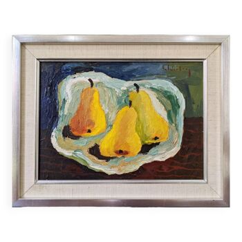 Mid-Century Modern Swedish "Luminous Pears" by Eric Cederberg, Framed Still Life Oil Painting