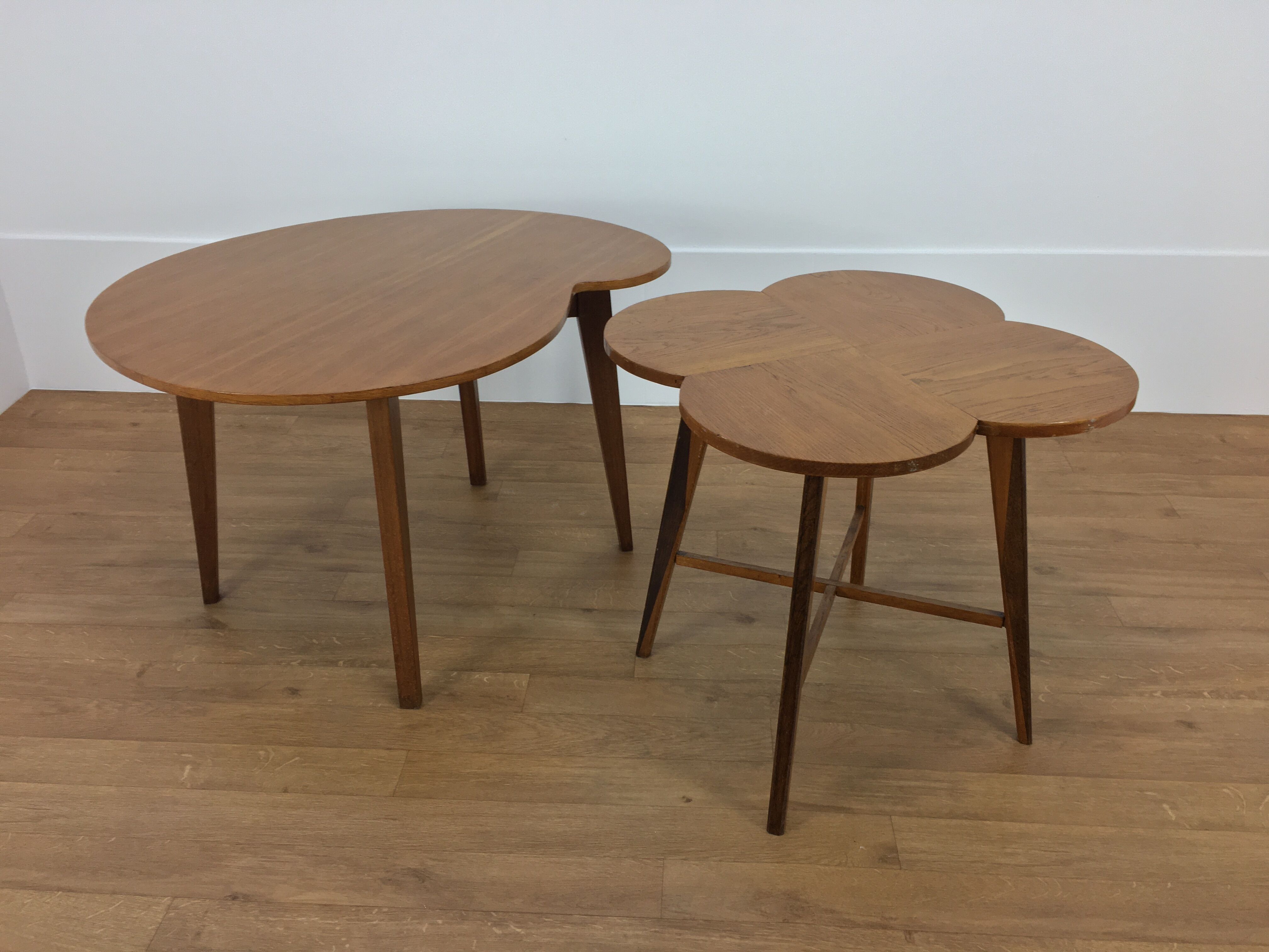 Wooden clover side table, compass feet, 50s