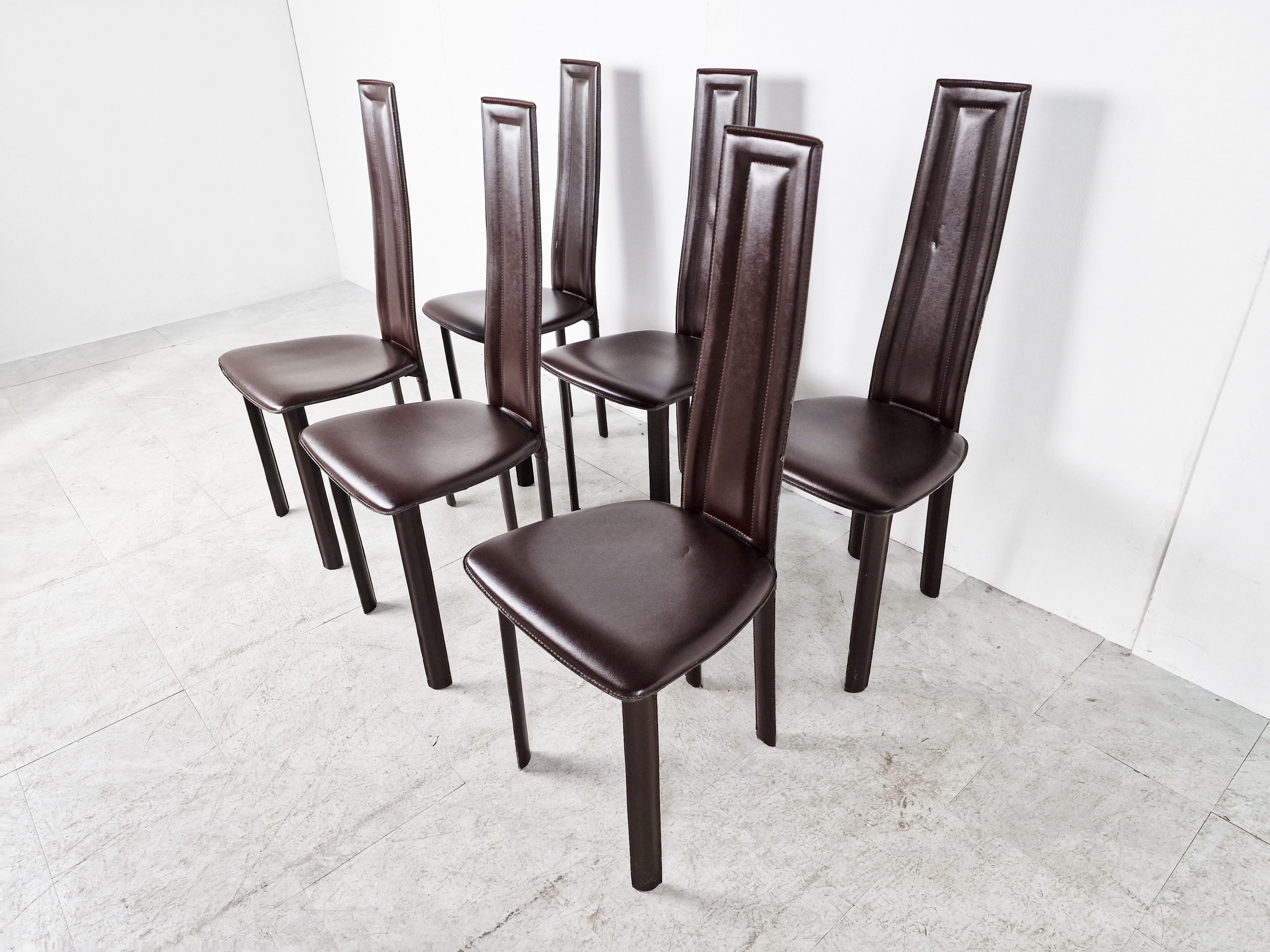 Vintage brown leather dining chairs, set of 6, 1980s