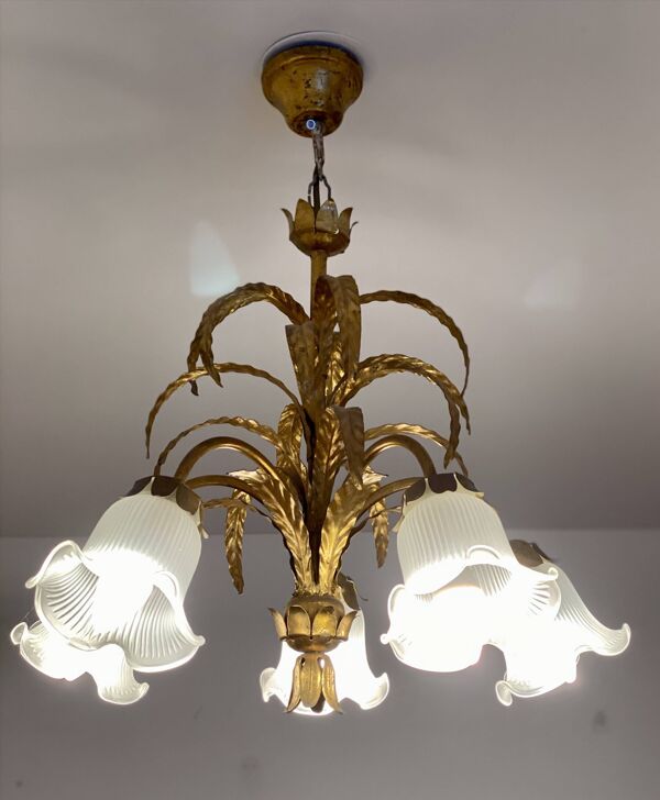 Lustre palmier métal doré vintage 1970 dans le style de la maison JANSEN
