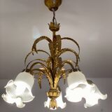 Vintage 1970s golden metal palm chandelier in the style of JANSEN.